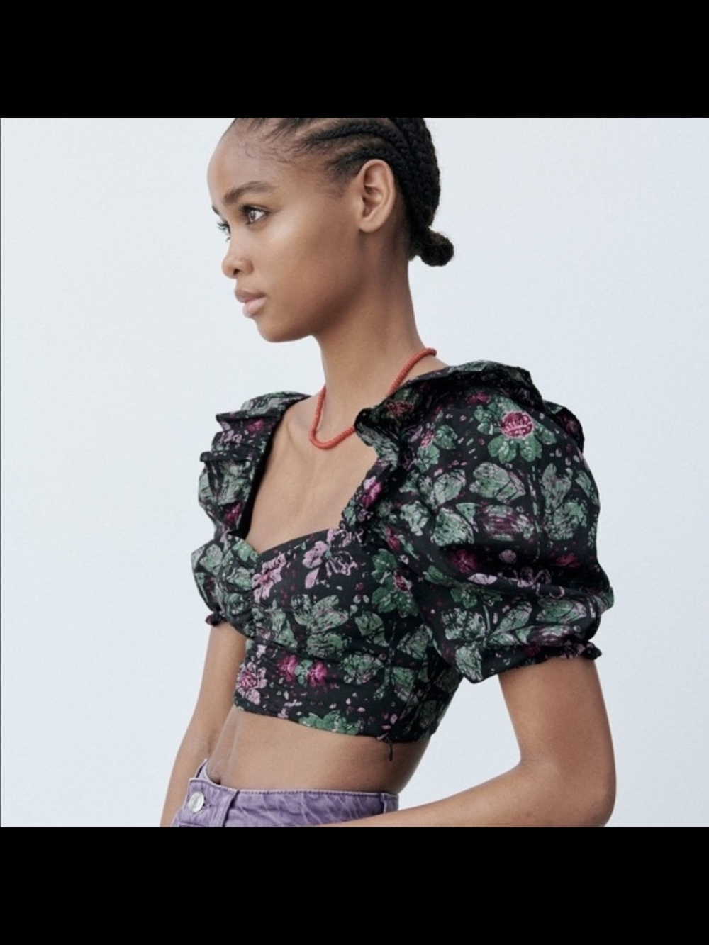Zara Black Floral Puff-Sleeve Crop Top with Green, Pink, And Purple Motif